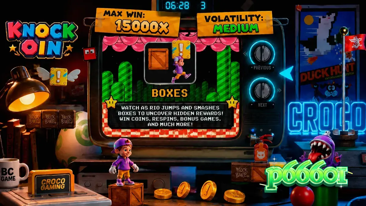 Tampilan visual retro 8-bit dari slot KNOCKOIN dengan karakter Rio di atas skateboard.